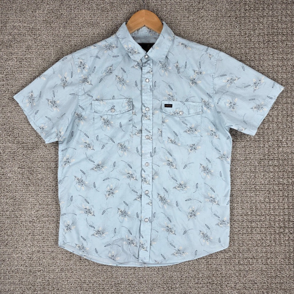 Howler Brothers Mens Small Blue H Bar B Pearl Snap Shirt Short Sleeve Wheat